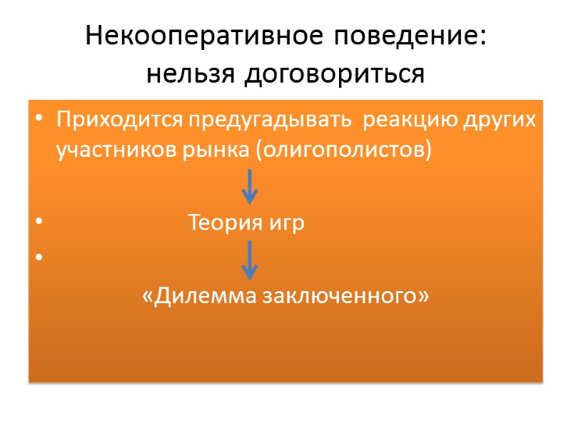 Некооперативное поведение: нельзя договориться Приходится предугадывать  реакцию других участников рынка (олигополистов)  